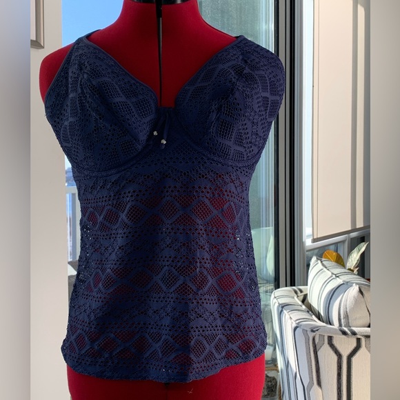 Freya 34G underwire tankini bathing suit top. Lace denim blue. Never worn. - Picture 1 of 4